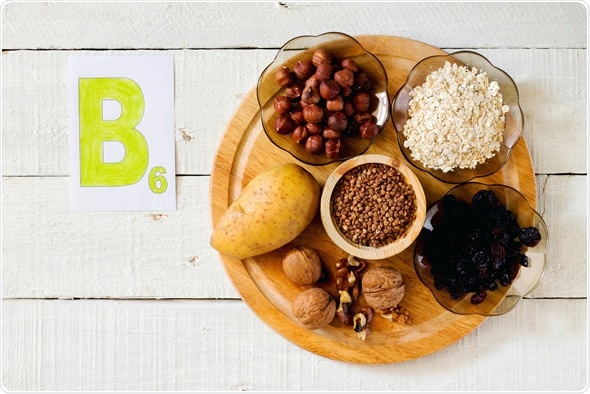 Foods containing vitamin B 6: hazelnuts, potatoes, oatmeal, raisin, buckwheat, walnuts - Image Copyright: Elena Hramova / Shutterstock